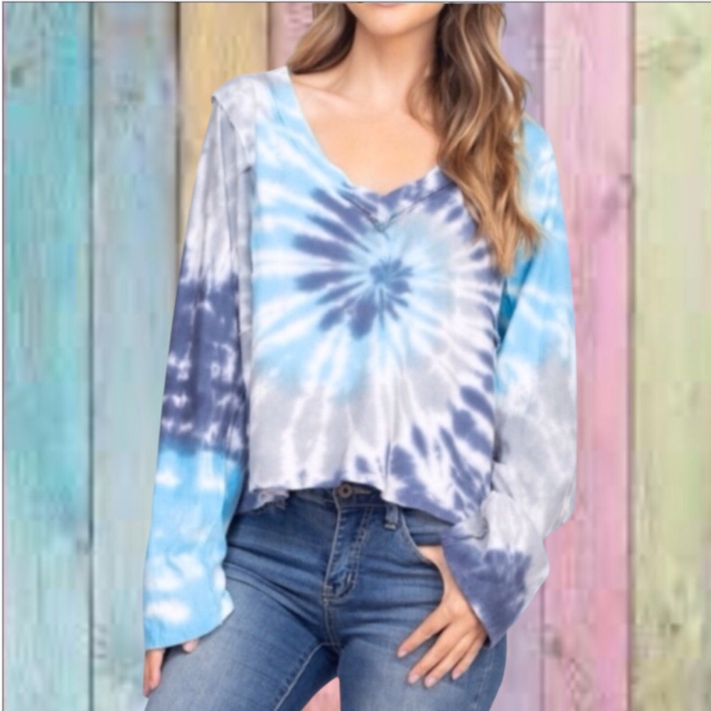 Peach Love Blue Gray Tie Dye Stressed Seam V-neck Oversized Top NWOT